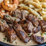 Cajun Shrimp and Steak Alfredo Pasta Recipe - Creamy pasta with Cajun-spiced shrimp and steak