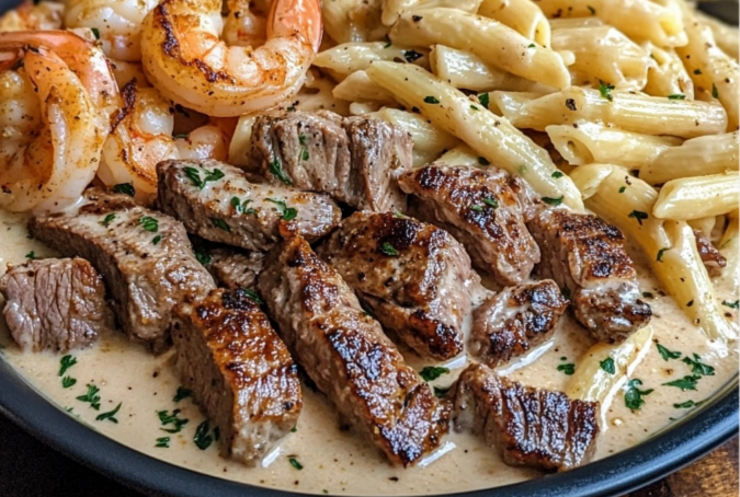 Cajun Shrimp and Steak Alfredo Pasta Recipe - Creamy pasta with Cajun-spiced shrimp and steak