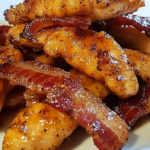 "Beef Bacon Brown Sugar Chicken Tenders with caramelized brown sugar glaze on a white plate