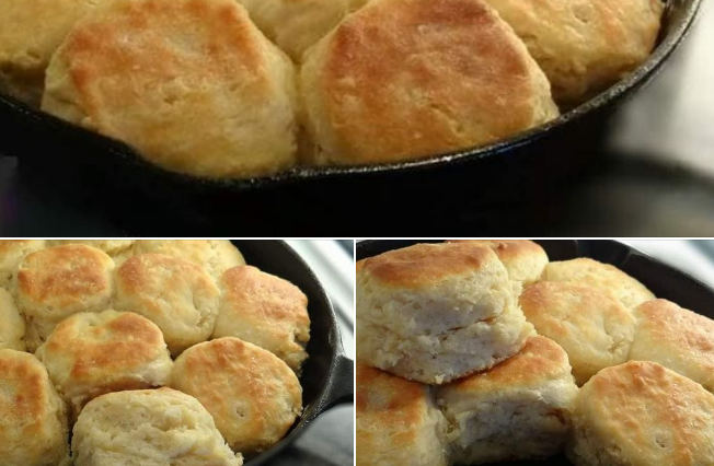 Fluffy Southern Buttermilk Biscuits in a cast iron skillet with a golden, crispy top