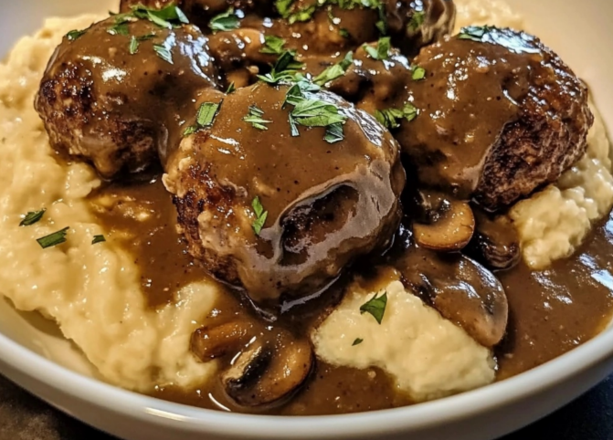 Close-up of Salisbury Steak Meatballs in rich mushroom gravy