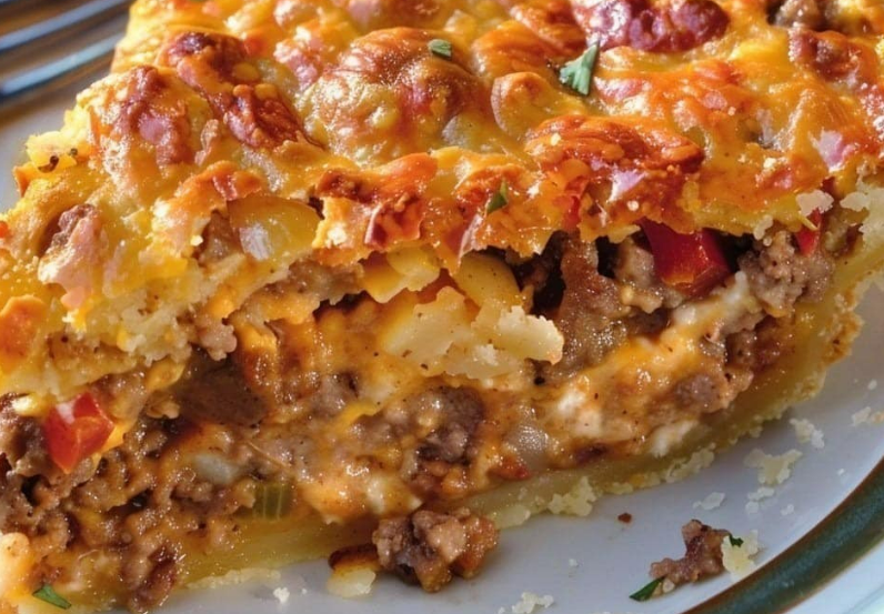 Monterey Sausage Pie with sausage, cheese, and egg in a baking dish