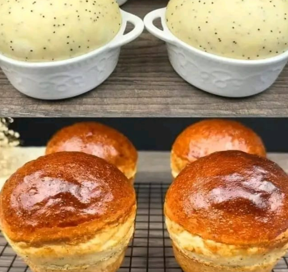 Unbaked and baked poppy seed dinner rolls in ramekins, showing the dough before and after baking