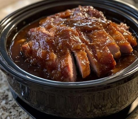 Honey-glazed baked ham with a rich caramelized glaze in a black baking dish, sliced and ready to serve.”