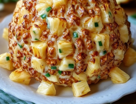 Classic cheese ball coated with chopped nuts and garnished with chives and pecans, served with pineapple pieces on a plate