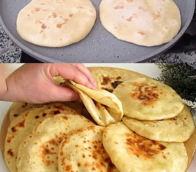 Homemade stuffed flatbreads being cooked on a skillet and served on a wooden platter.