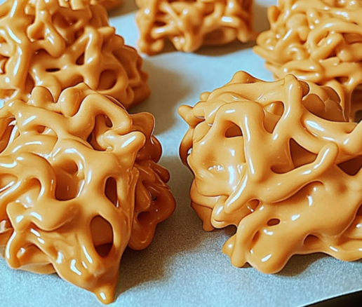 Easy No-Bake Peanut Butter Haystacks made with peanut butter, butterscotch chips, and chow mein noodles on parchment paper.