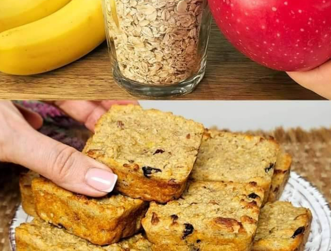 Oatmeal Banana Apple Bars made with bananas, oats, and grated apple, stacked on a plate