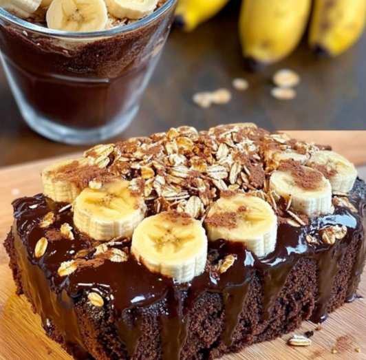 Chocolate Banana Bread with Walnuts topped with chocolate drizzle, freshly baked and sliced