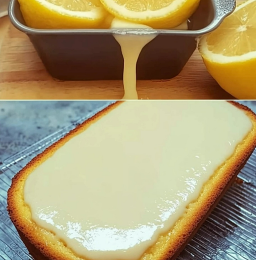 "Very Easy Lemon Cake batter being poured into a loaf pan and baked to a golden finish