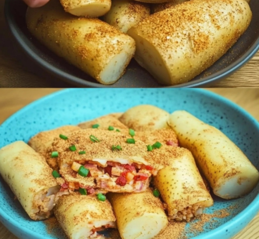 Crispy stuffed potato rolls being coated with breadcrumbs and served golden brown with a cheesy vegetable filling