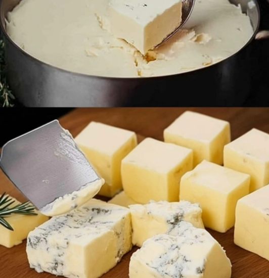 Homemade cheese being prepared with fresh milk and butter, then cubed into creamy blocks.