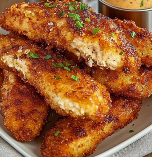 Crispy crack chicken tenders served with a side of fries and dipping sauce, garnished with fresh chives