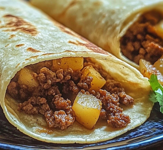 Ground beef and potato tacos served in soft tortillas with a side of green salsa