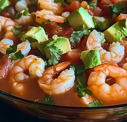 A vibrant bowl of Mexican Shrimp Cocktail with shrimp, avocado, and fresh vegetables in a zesty sauce.