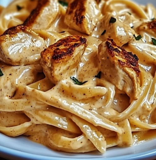 A plate of creamy Cajun chicken pasta topped with parsley, featuring tender chicken pieces and a rich, spicy sauce.