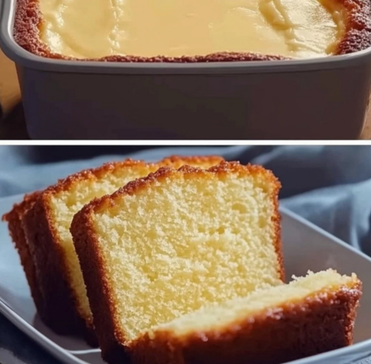 A slice of freshly baked vanilla pound cake with a dusting of powdered sugar.