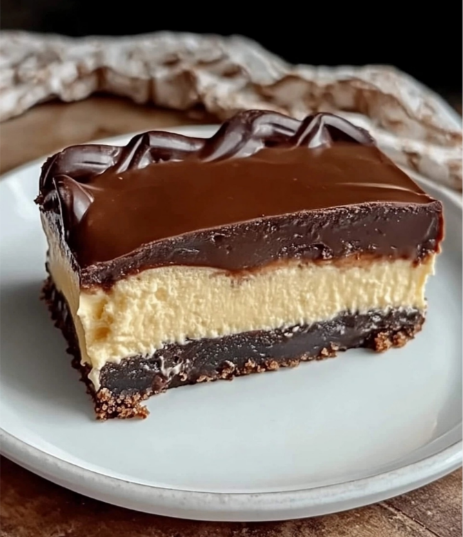 A slice of no-bake Twix cheesecake with layers of graham cracker crust, chocolate, caramel, and creamy cheesecake.