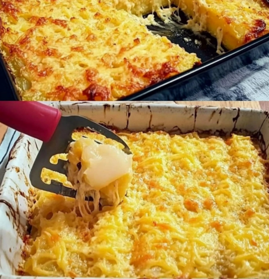 Grated potatoes in a pan and cheesy baked potato squares cut into pieces.