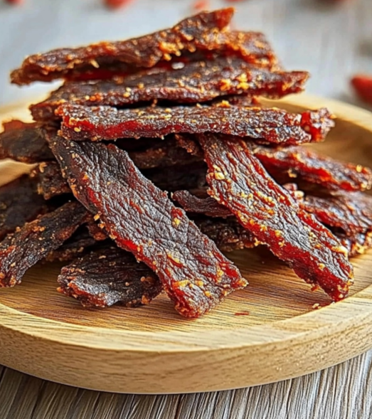 A plate of homemade beef jerky slices stacked on a wooden plate