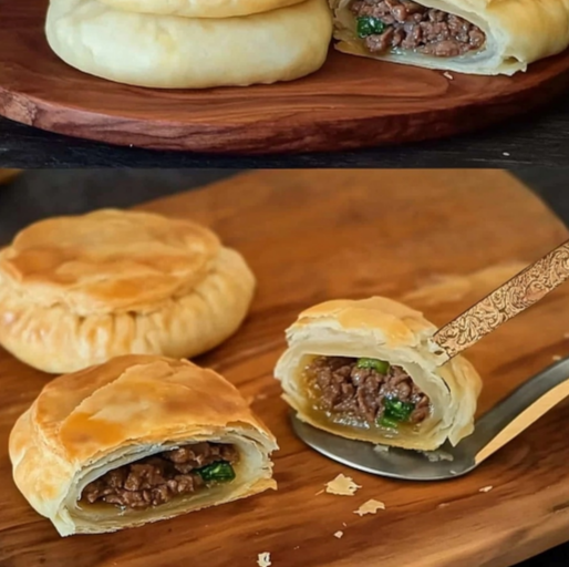 Preparing Chinese Beef Puff Pastry Pies with ground beef filling.