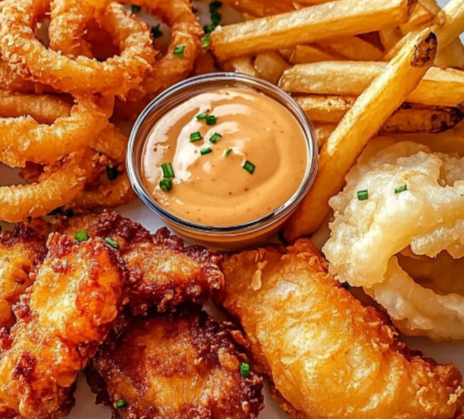 Crispy battered cod and onion rings platter with fries