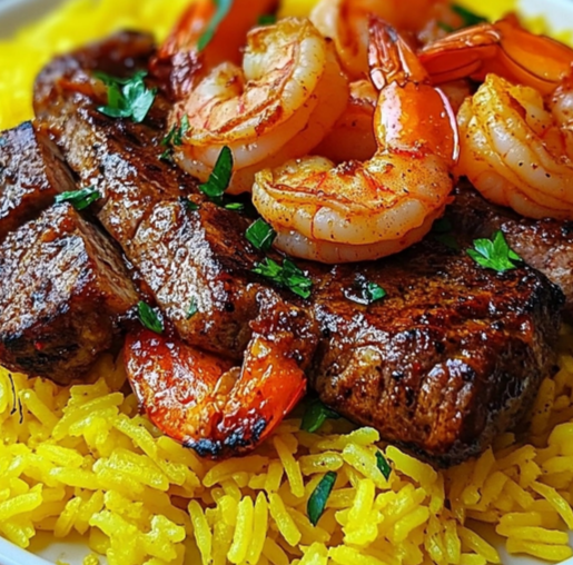 Jerk Steak & Shrimp over Yellow Rice Recipe - Caribbean-inspired Dinner with Spicy Jerk Seasoning