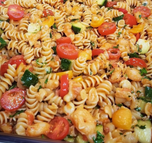 Shrimp Pasta Salad with tri-color rotini, shrimp, and fresh vegetables in tangy dressing - easy summer recipe