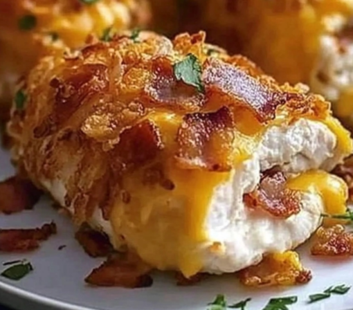 Coating stuffed chicken breasts in crispy cornflakes for Cheesy Bacon-Stuffed Chicken Recipe