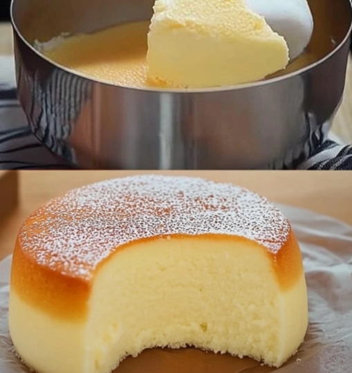 Pouring batter for Japanese Cotton Cheesecake Recipe into a lined cake pan