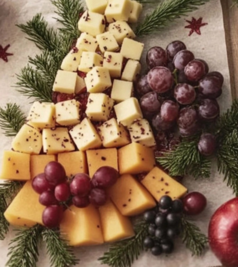 Festive Fruit & Cheese Christmas Board arranged as a holiday tree with grapes, cheese, and rosemary