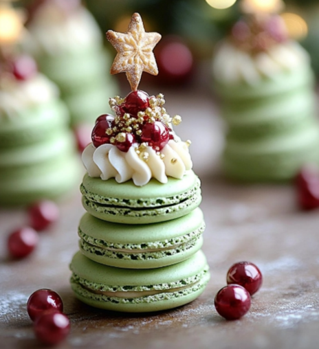 Ingredients and decorations for Festive Macaron Christmas Trees