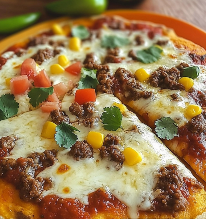 Homemade Mexican Pizza topped with cheese, black olives, jalapeños, and tomatoes