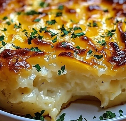 Cheesy Scalloped Potatoes baked to golden perfection and garnished with fresh chives.