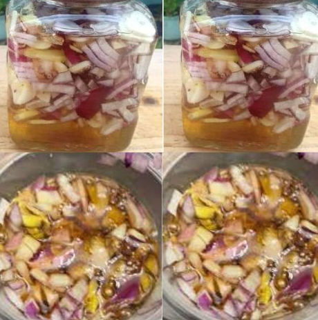 Homemade Onion and Garlic Cough Syrup in a glass jar, layered with fresh ingredients like garlic, onion, and honey