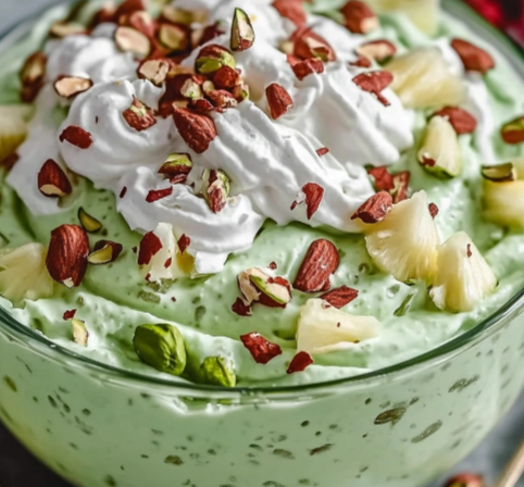 A bowl of vibrant green Watergate Salad topped with pecans and marshmallows