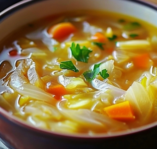 Healthy cabbage fat-burning soup recipe with fresh vegetables and broth for weight loss and detox