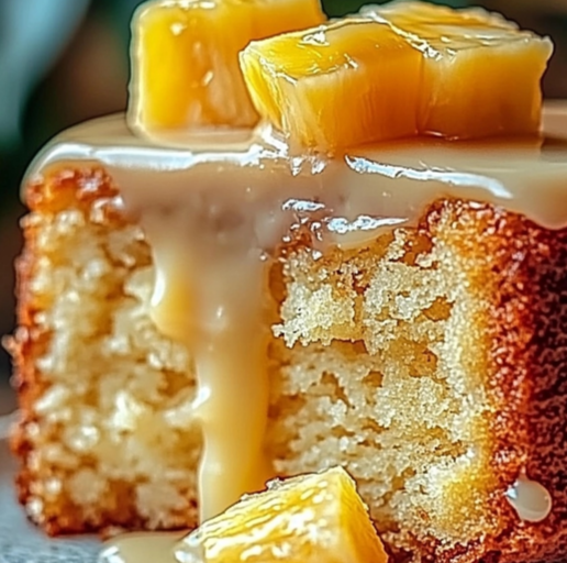 A slice of pineapple drizzle cake topped with caramel sauce and fresh pineapple chunks, showcasing a moist tropical dessert perfect for special occasions.