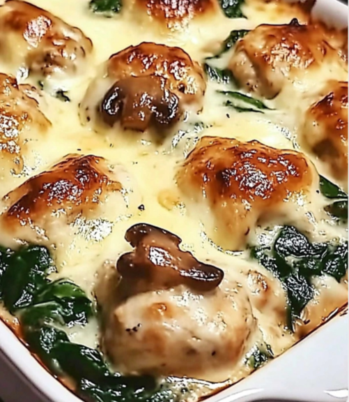 Creamy Chicken Casserole with Spinach, Mushrooms, and Mozzarella