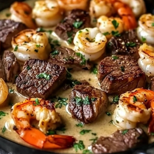 Steak and Seafood Skillet with Garlic Parmesan Cream Sauce