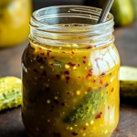 Jar of homemade Dill Pickle Hot Sauce with fresh spices