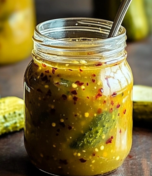 Jar of homemade Dill Pickle Hot Sauce with fresh spices