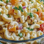 Sweet Macaroni Salad in a glass bowl with colorful vegetables