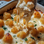 Golden baked Chicken Alfredo Tater Tot Casserole with cheese topping