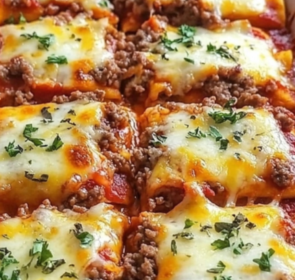 Cheesy Beef Pizza Casserole in a baking dish