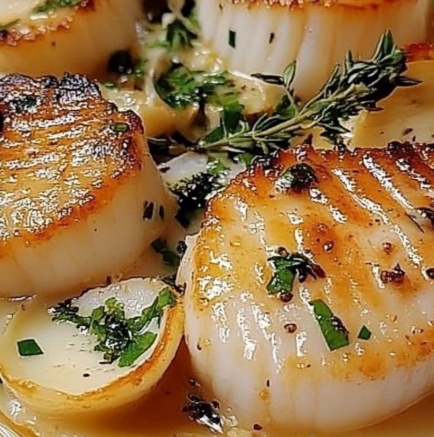 Garlic Butter Seared Scallops served with creamy garlic butter sauce and garnished with parsley