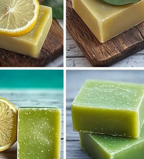 Homemade lemon soap bars in green, showcasing natural ingredients like lemon and vibrant citrus tones.