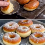 Polish baked paczki (donuts) being prepared, baked, and filled with chocolate, dusted with sugar.