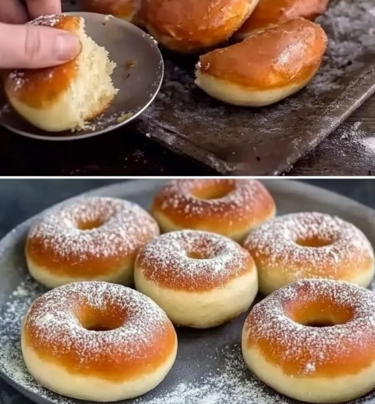 Polish baked paczki (donuts) being prepared, baked, and filled with chocolate, dusted with sugar.