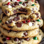 Winter Wonderland Chocolate Chip Christmas Cookies with festive sprinkles and chocolate chunks stacked on a wire rack.